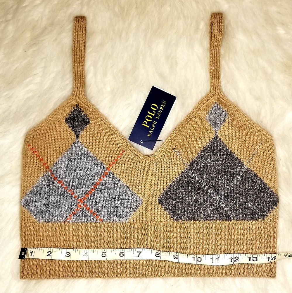 POLO RALPH LAUREN Argyle Knit Cashmere Wool Crop Ekose Camel Brown Top - Picture 7 of 11